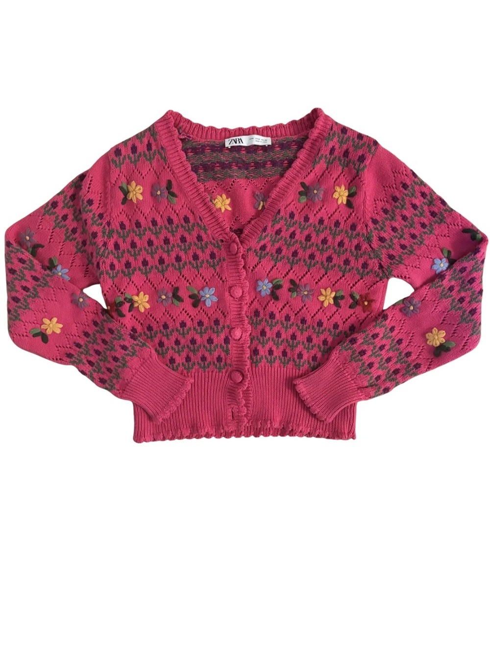 Zara Hot Pink V-Neck Floral Appliqué Knit Cardigan
